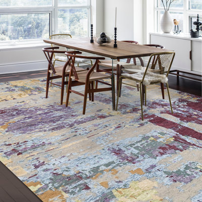 Hand Knotted Abstract Area Rug in Blue/Red/Gray