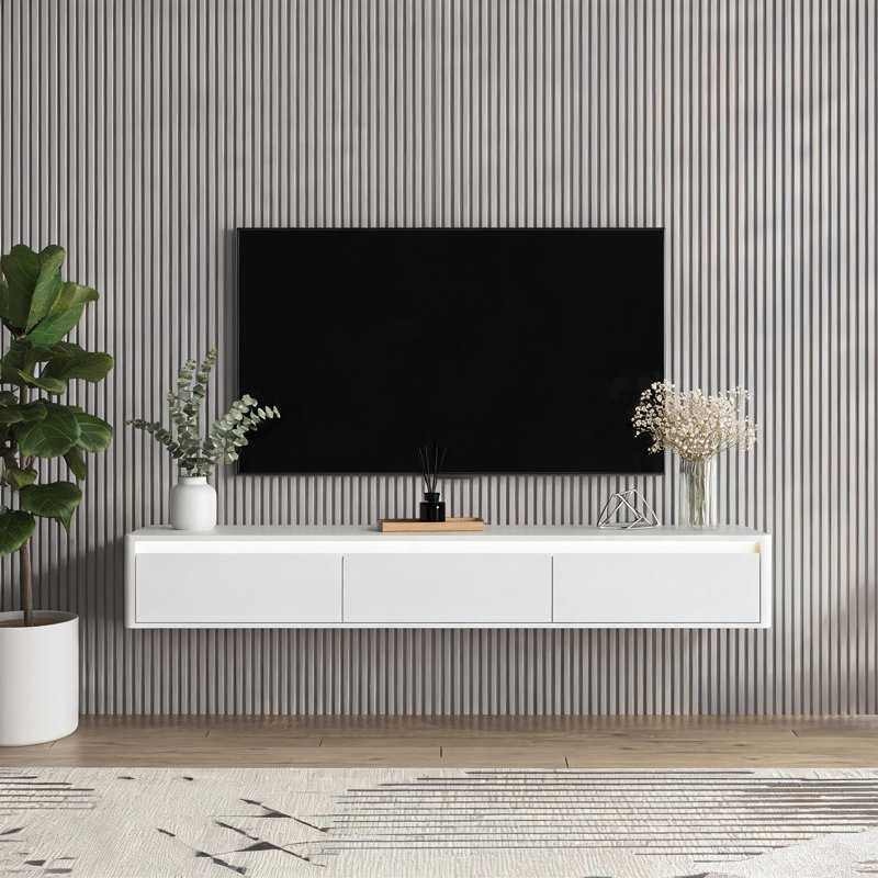 Meuble télé mural flottant, meuble télé en bois avec lumières DEL et prise de courant pour le salon, Blanc