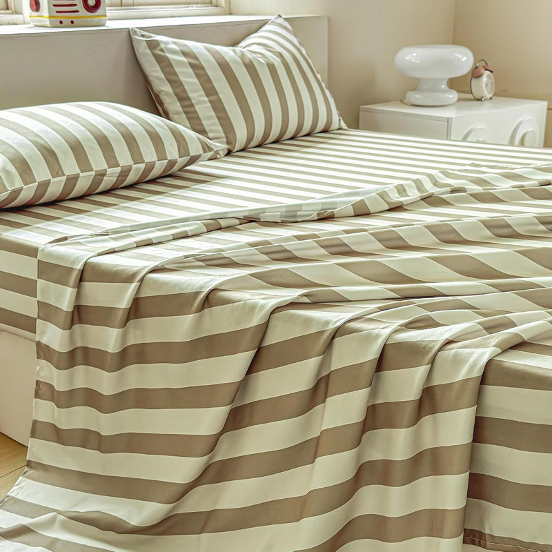 Draps en percale rayée, draps de lit en microfibre pré-lavés doux, ensemble de draps de ferme avec poche profonde, Lit double