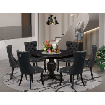 Ensemble de table de cuisine 7 pièces avec similicuir, 6 chaises de salle à manger gris foncé, dossier capitonné et table ronde de 48 po au fini noir sablé.