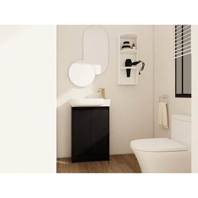 Meuble-lavabo moderne de 23 po avec lavabo, portes à fermeture douce, étagère de rangement, châtaignier noir, contreplaqué de haute qualité, rangement mural à trois niveaux, tablettes réglables pour lavabo en céramique dans l'armoire