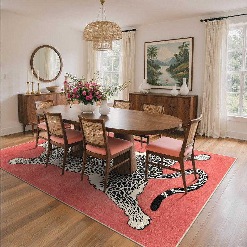 Alinda Talon Animal Print Red / Beige / Black Machine Washable Area Rug, Rectangle 6' x 9', Red / Beige / Black