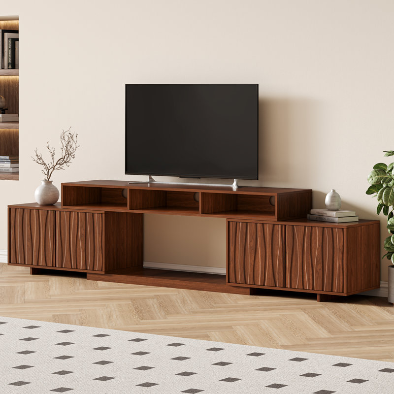 62.9-98.4 inch Walnut Finish Expandable TV Stand For 75/85/95/100 inch TVs, Wooden Brown Retractable Media Console Table for Living Room Bedroom, Mid Century Modern Entertainment Center with Storage and Carved Geometric