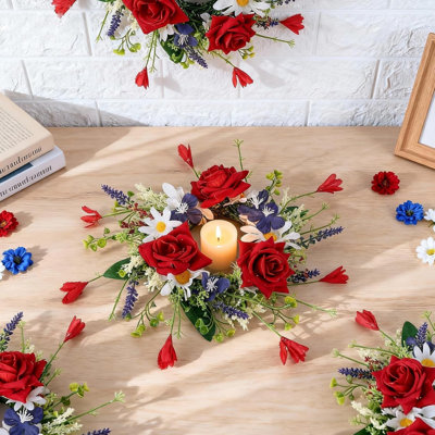 4 Pcs Patriotic Red White Blue Candle Rings, 3 Inch Pillars Candle Wreaths for Veterans Day, 4th of July, Independence Day, American Floral Rings for Table, Window, Door Decor