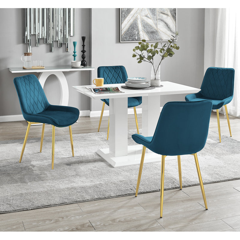 Eubanks Dining Set with 4 Chairs, Blue/Gold, 29.53" H x 47.24" L x 27.56" W, 5 Pieces: Table, 4 Chairs