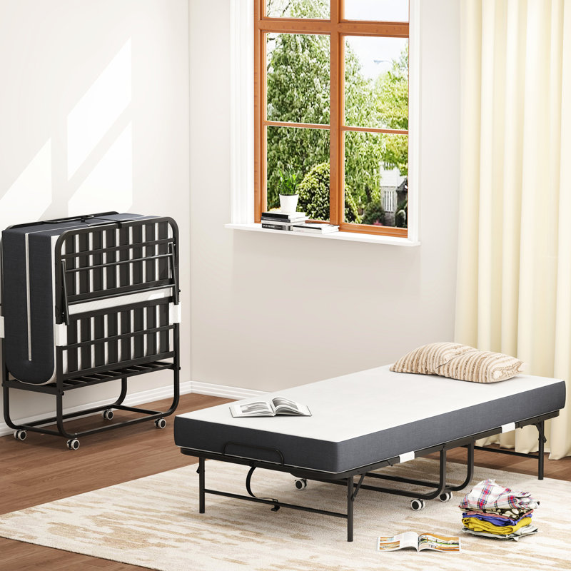 Très grand lit simple 75 po pour personnes de grande taille, matelas en mousse viscoélastique de 5 po, structure en métal robuste, facile à plier et à ranger, assemblage rapide d'invités pliants, capacité de 450 lb, espace portable