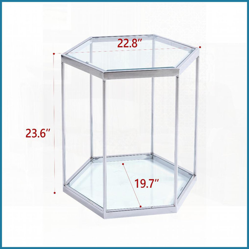 Table basse moderne à finition argentée avec structure en acier inoxydable - verre à deux niveaux, peu encombrant Facile à nettoyer