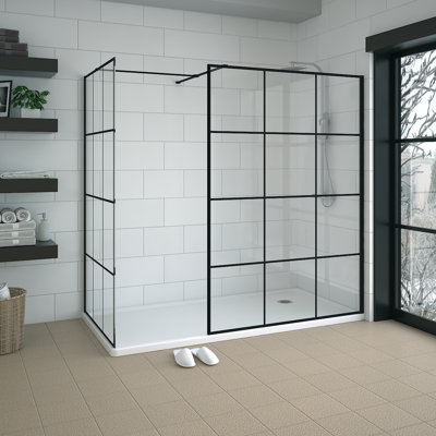 Black Grid Walk In Shower Enclosure Wet Room Glass Screen Pack 1400mm and 1000mm Panels