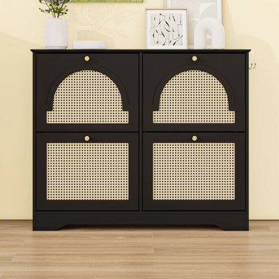Armoire à chaussures étroite Mid-Century avec 4 tiroirs rabattables en rotin, 2 crochets pour le vestibule