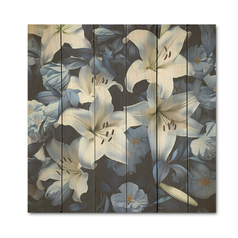 «White Lily», art mural en bois sur bois de pin naturel blanc et bleu, H 36 po x l 36 po