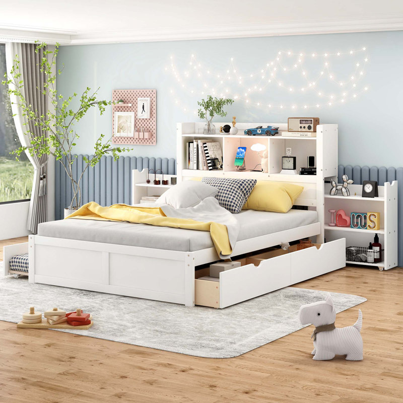 Lit plateforme double avec tablettes coulissantes, Blanc