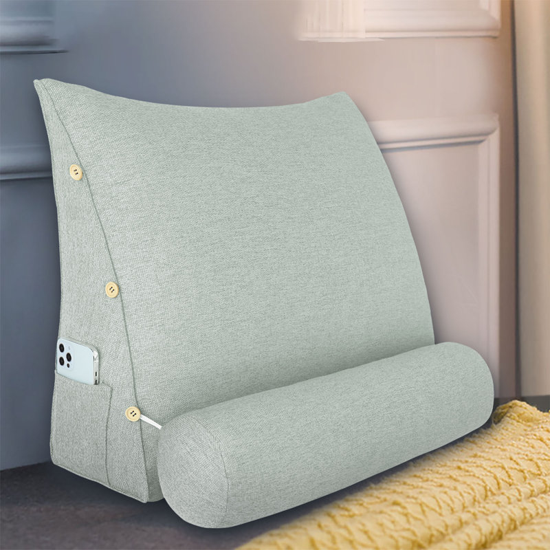 Sit-up Back Comfort Wedge Reading Pillow with Adjustable Neck Roll for Lumbar Back Support, White