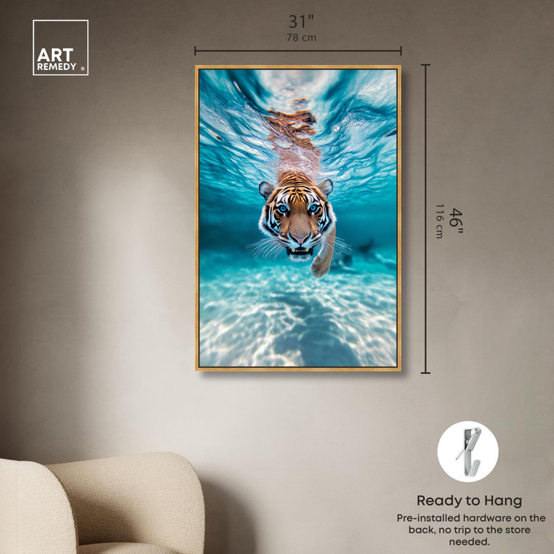 Art, art moderne, toile, oeil du tigre, Cadre flottant doré, H 46 po x l 31 po