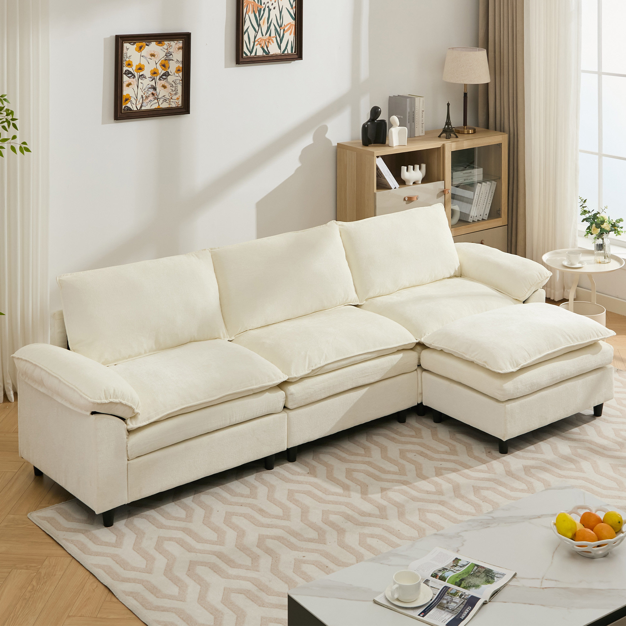 113.58" Chenille Upholstered Sofa, Comfy Cloud Couch with Ottoman