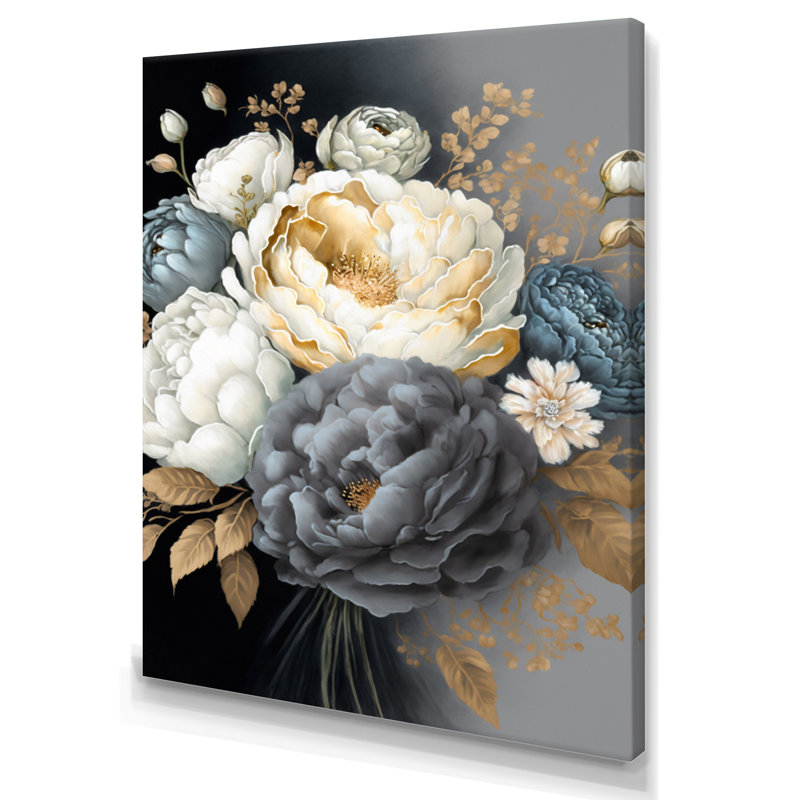 Bouquet de pivoines blanches, bleues et grises I - Impression sur toile, H 44 po x l 34 po x P 1,5 po, Toile tendue
