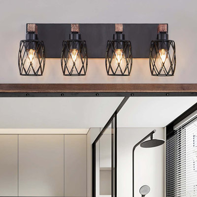 Black and Walnut Cage Vanity Light, Farmhouse Rustic Wall Lighting with Wooden Accents and Drum Metal Cage Shade, No Bulbs