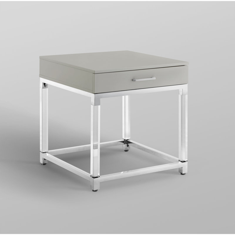 Ungar End Table with Storage, Light Gray, Chrome