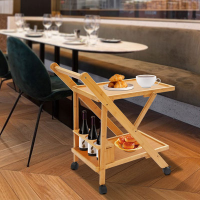 Chariot-bar moderne à 2 niveaux en bois naturel avec porte-bouteilles de 3 bouteilles, l 17,30 po x P 15,50 po x H 27,56 po