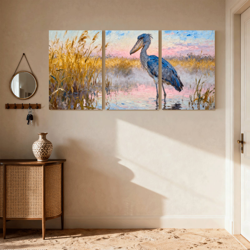 Birds Blue Heron In Golden Reeds At Sunset, ensemble de 3 impressions sur toile, H 18 po x l 36 po
