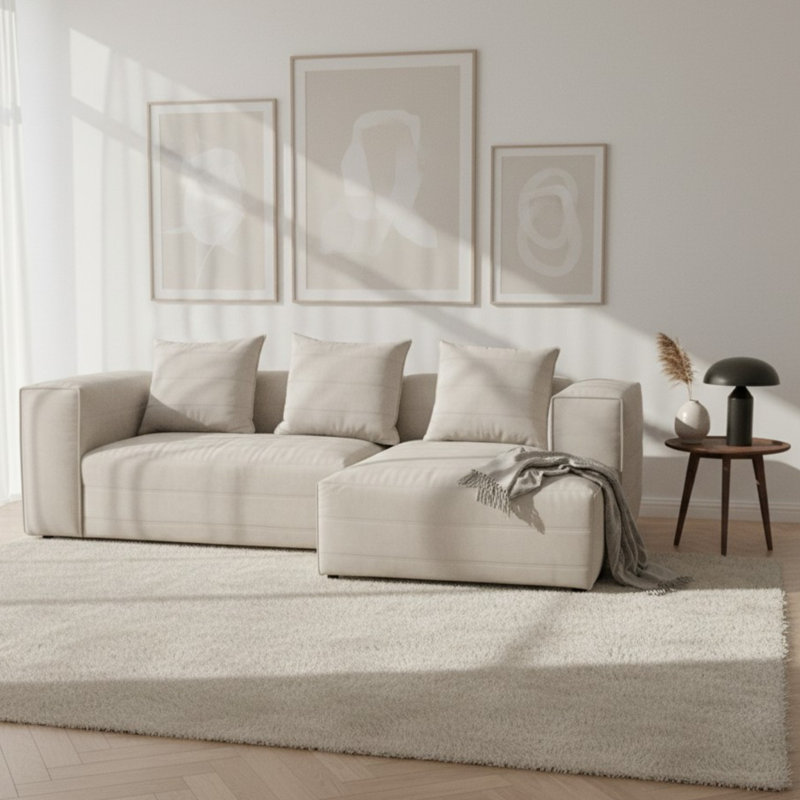 3 Seater Corner Sectional, Right Hand Facing, White Polyester