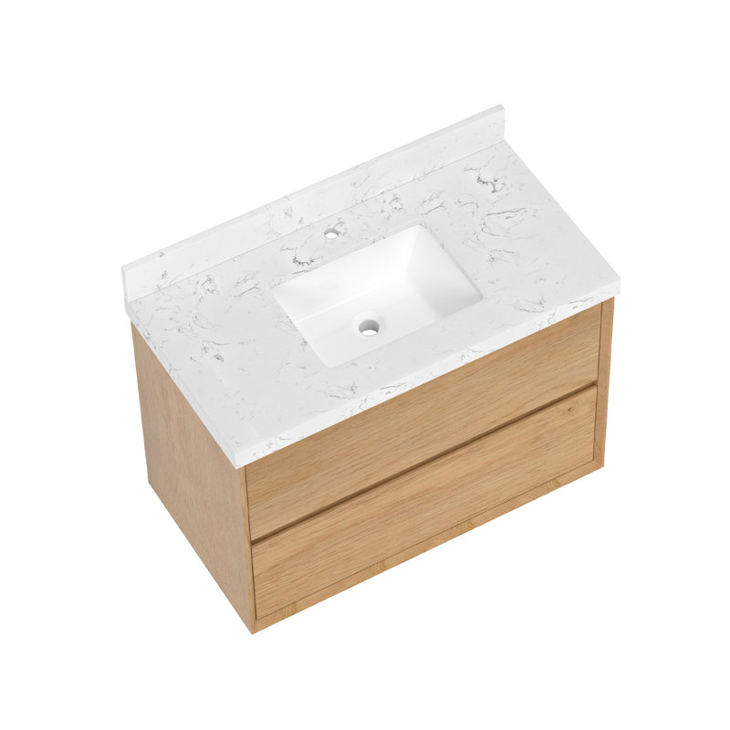 Meuble-lavabo flottant mural 36 po avec comptoir en pierre d'ingénierie blanche Calacatta et lavabo en céramique, 36"