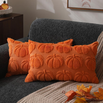 Fall Pillow Covers 12x20 2Pcs Orange Pumpkin Fall Decoration for Home Fall decor Set of 2 Throw Pillow Cases Soft Plush Faux Fur Wool Couch Cushion for Chair Sofa Bedroom Living Room Home Decor