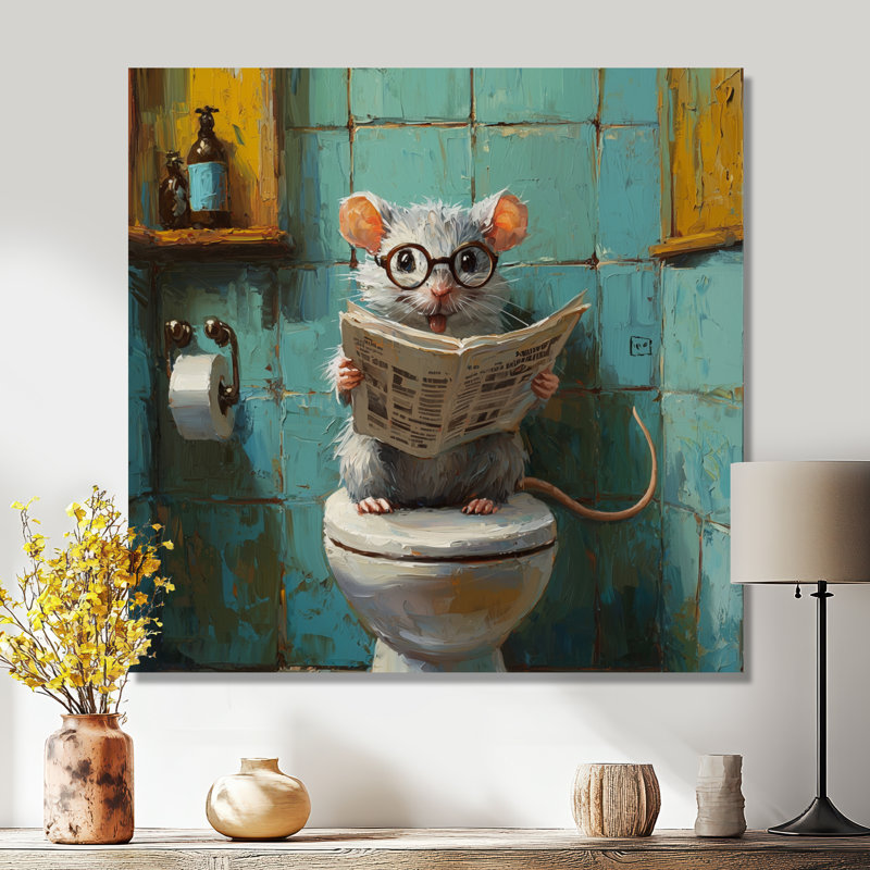 Keidan souris avec lunettes dans la toilette II - souris, art mural, Toile tendue, Ne s’applique pas, H 16 po x l 16 po