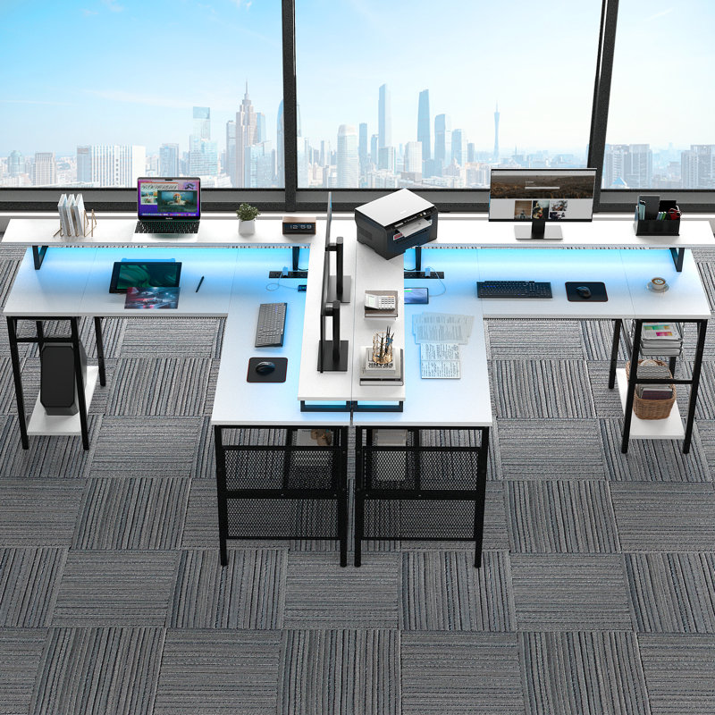 Aranson 55'' L shaped Computer Desk with Shelves, Writing Desk with Full Monitor Stand, Corner Desk with LED Lights, Gaming Desk