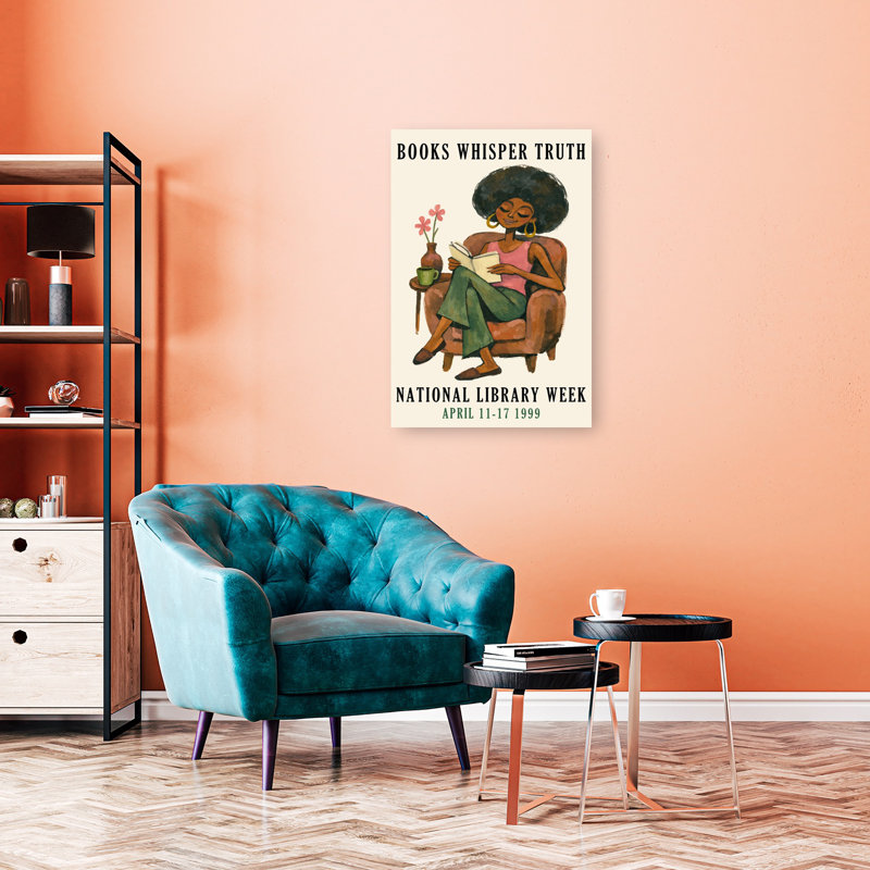 Femme afro lisant une fleur rétro rétro, art mural, 36" H x 24" W