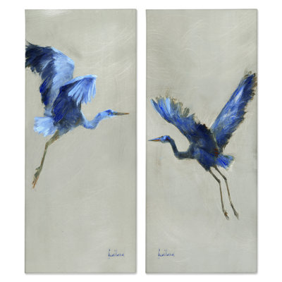 «Flying Cranes Abstract Birds Expressive Blue Animal Flight», ensemble de 2 impressions