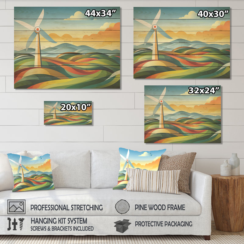 Green Holland Windturbine Meadow Views I - Éoliennes sur bois, H 24 po x l 32 po