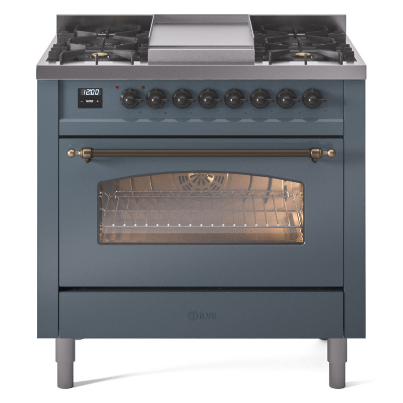 ILVE Nostalgie II Series 36 inch Dual Fuel Range with 6 Burners, Griddle (Glass Door), Blue Gray/Bronze, Liquid Propane