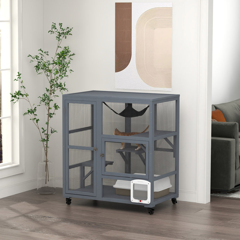Indoor Cat Enclosure On Wheels, Wooden Kitty Cage With Cat Flap Door