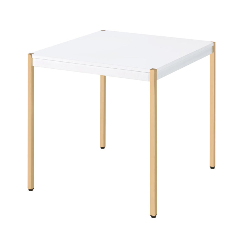Table de bout carrée avec pieds en métal, blanc et or