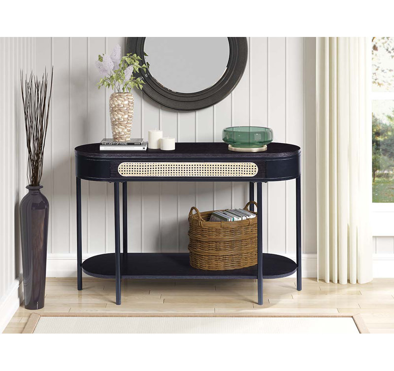 Bhargavi Oval Transitional Sofa Table with Wood Top and Black Metal Legs