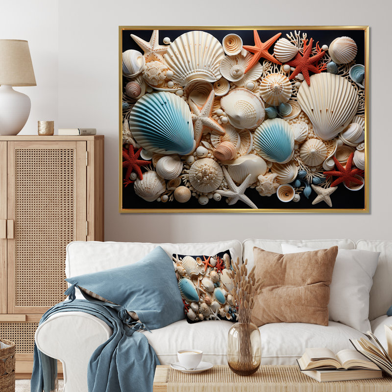 " Seashell Collage ", Gold Floater Framed, 30" H x 40" W x 1.5" D