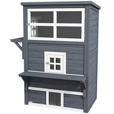 3-Story Dark Gray Cat House, Outdoor Kitten . Features Raised Floor, Asphalt Roof, Escape Doors And Captivating Jump Platforms For Your Fond Cats Includes Interesting Kittens