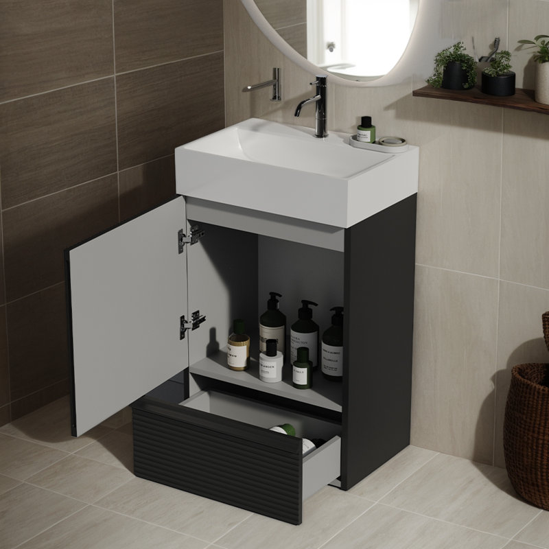 Meuble-lavabo autoportant pour salle de bain moderne de 20 po avec lavabo en céramique, Noir