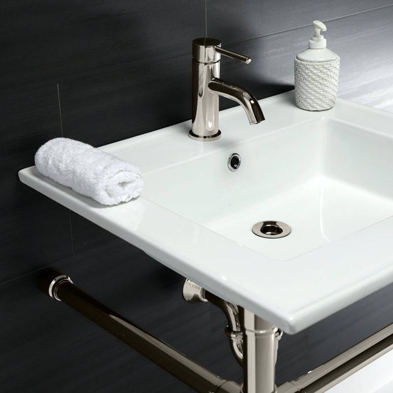 Lavabo de salle de bain console en céramique avec trop-plein, Nickel poli, Simple