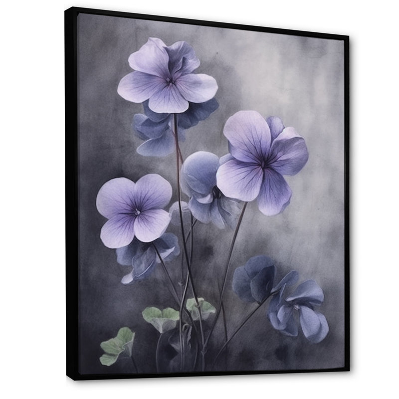 Mauve gris, violettes, rêve I - art mural floral, H 32 po x l 16 po x P 1 po, Cadre flottant noir