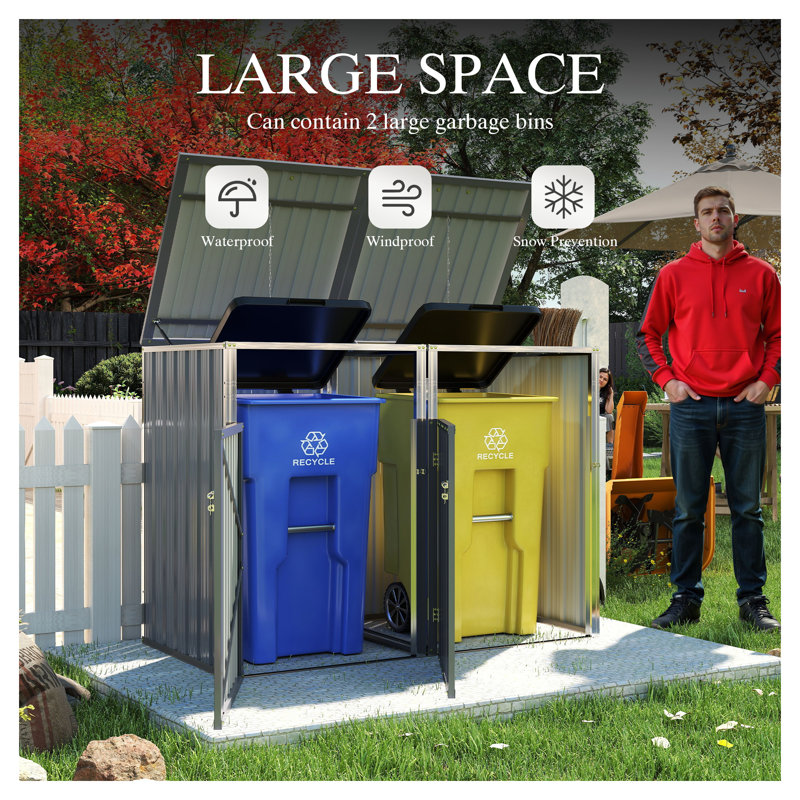 Outdoor Metal Garbage Bin Shed - Stores 2 Trash Cans with 54 Cu Ft Storage, Stainless Galvanized Steel Trash Storage Shed for Garden, Yard, Lawn - Light Grey