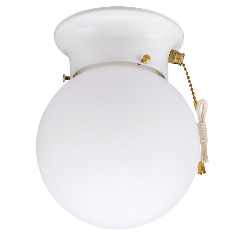 One-Light Indoor Flush-Mount Ceiling Fixture with Pull Chain White Finish with White Glass Globe