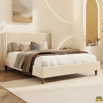 Modern Platform Bed Upholstered Bed Frame, Elegant Soft Bed With 12 Slats And High Backrest