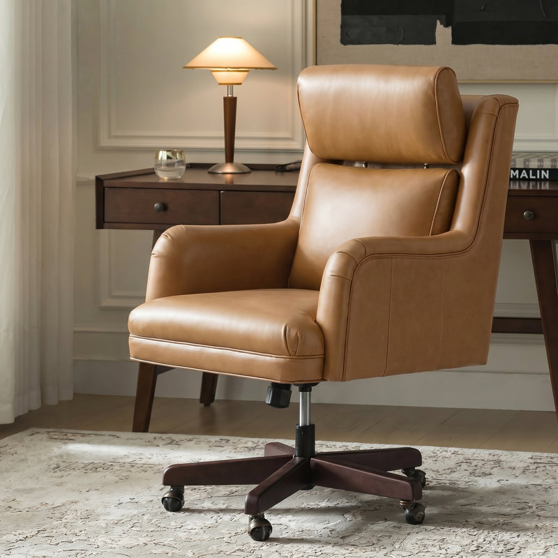 Heeg Traditional 42.5"H Genuine Leather Swivel Tilting Office Chair with Adjustable Headrest and Solid Wood Legs, Camel