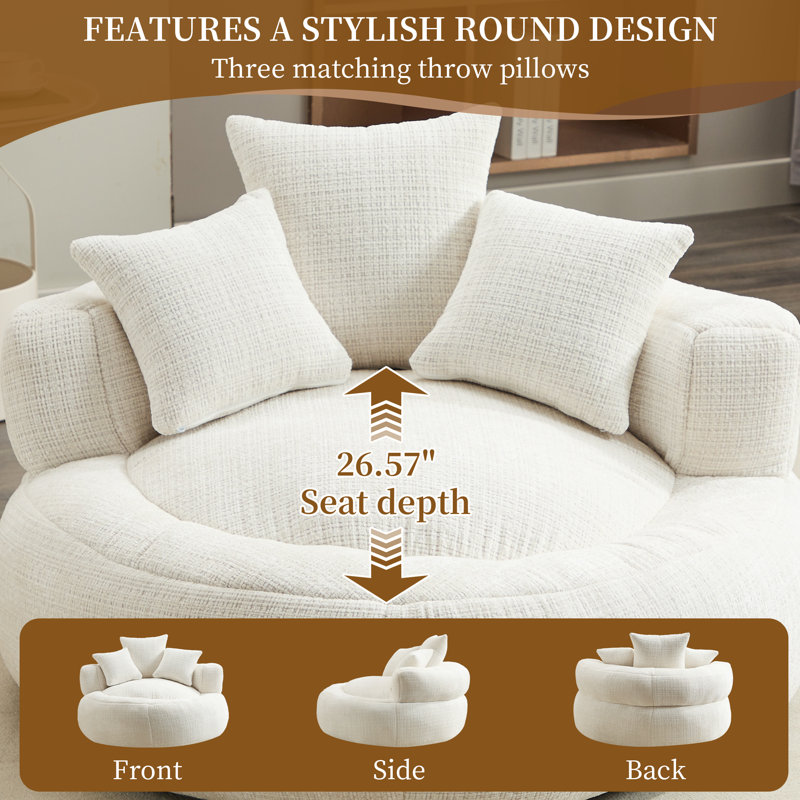 Foam Bean Bag Chair for Adults, 41.7" Round Bean Bag Sofa, Soft Chenille Lounge Chair for Teens, Bedroom & Living Room, White