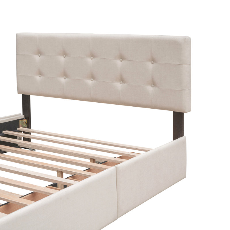 Lit plateforme tapissier avec 2 tiroirs et 1 lit gigogne simple TG, tissu de lin, grand, Beige