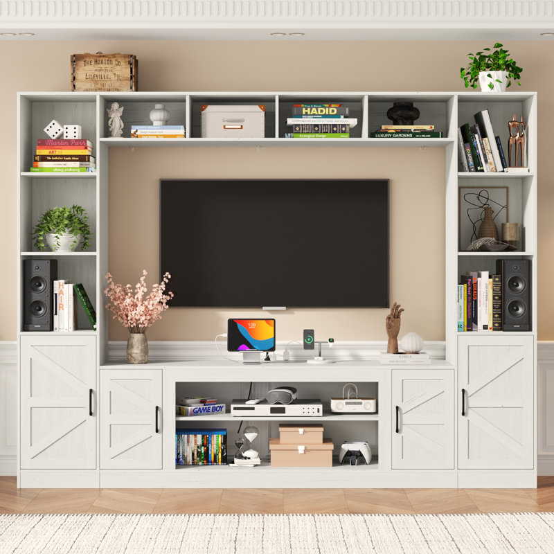103" Entertainment Center/TV Stand For Tvs Up To 80" With Charging Station, Barn Door Cabinets, And Bookcase, White, No