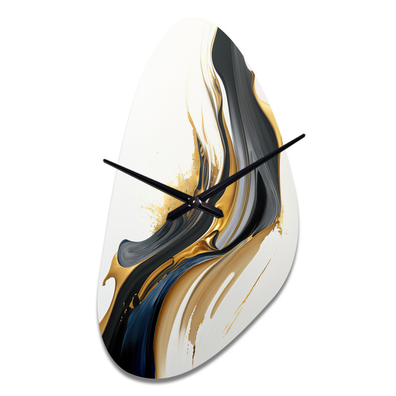 Bharti noir, blanc et or liquide Art II - horloge murale asymétrique en métal à encre liquide, impression d'horloge murale moderne de forme unique