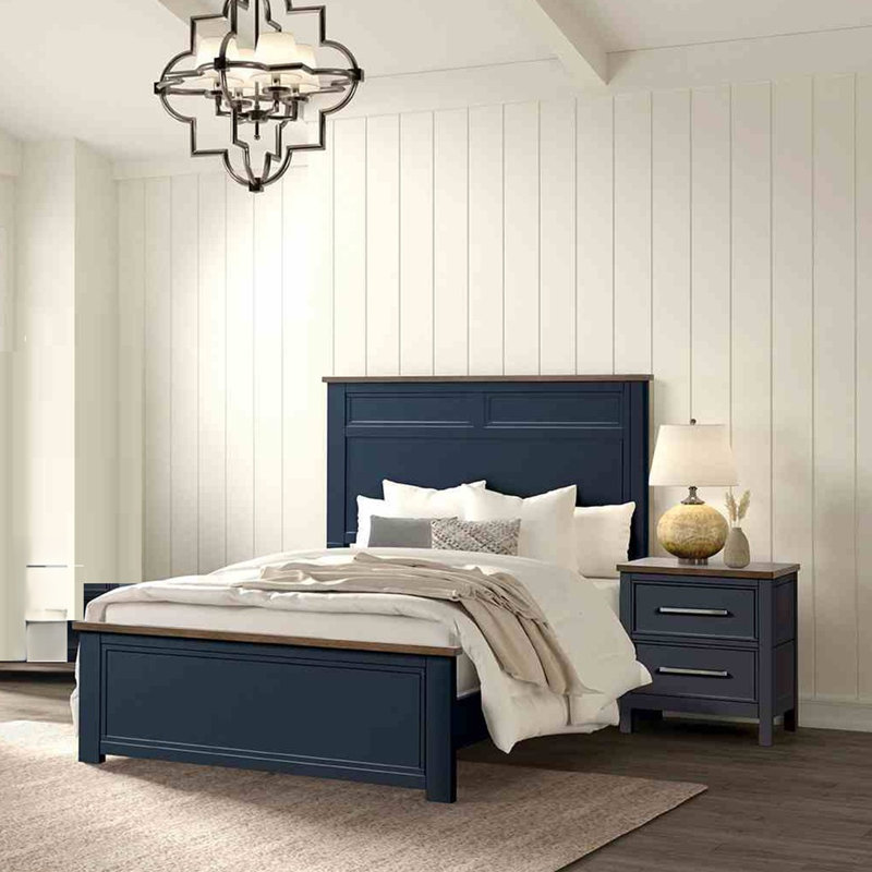 Ensemble de chambre à coucher de style campagne moderne 3 pièces bleu avec 2 tables de chevet bicolores, Double