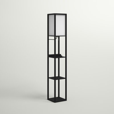 Brightech Maxwell 63 In. 3-shelf Modern Usb And Wireless Charging Led Floor Lamp With Fabric Square Shade In Black